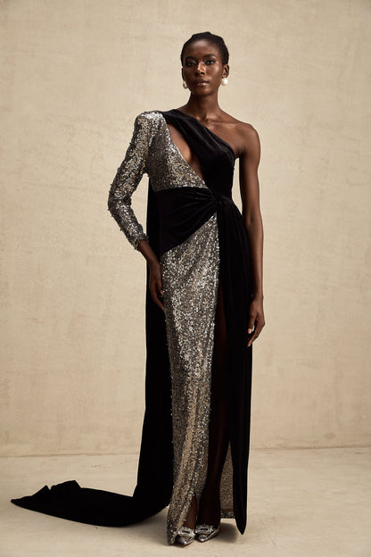 Juliette sequin-embellished asymmetrical maxi dress