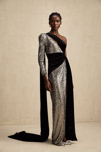 Juliette sequin-embellished asymmetrical maxi dress