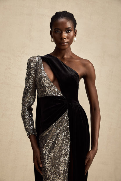 Juliette sequin-embellished asymmetrical maxi dress