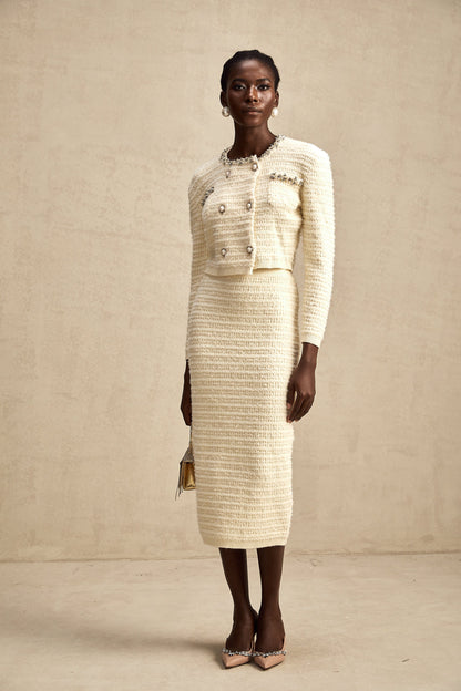 Justine embellished knit cardigan & skirt matching set