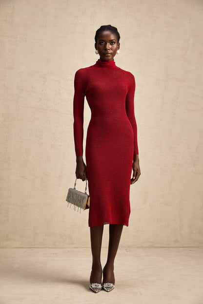 Arianee red metallic pointelle midi dress