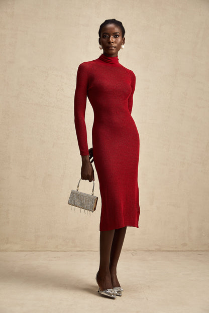 Arianee red metallic pointelle midi dress