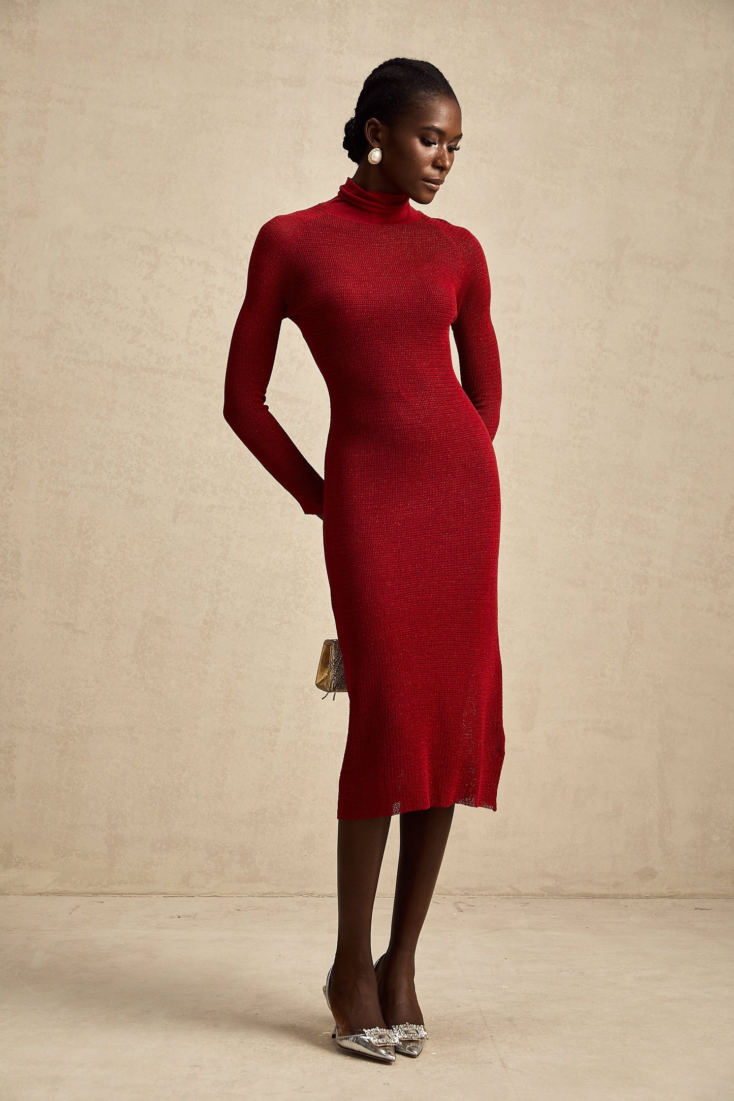 Arianee red metallic pointelle midi dress