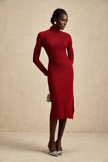 Arianee red metallic pointelle midi dress