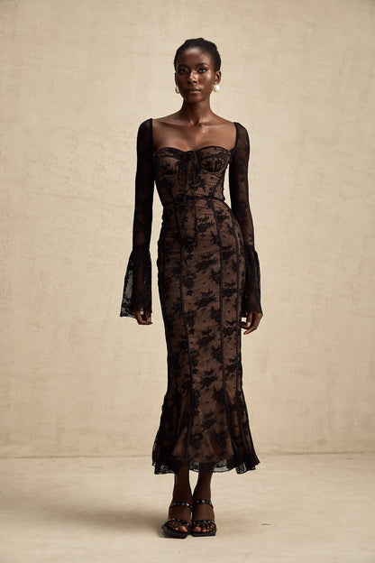 Marlene Black Flared Lace Maxi Dress