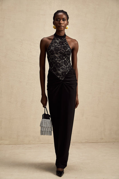 Camille black halterneck floral-lace maxi dress