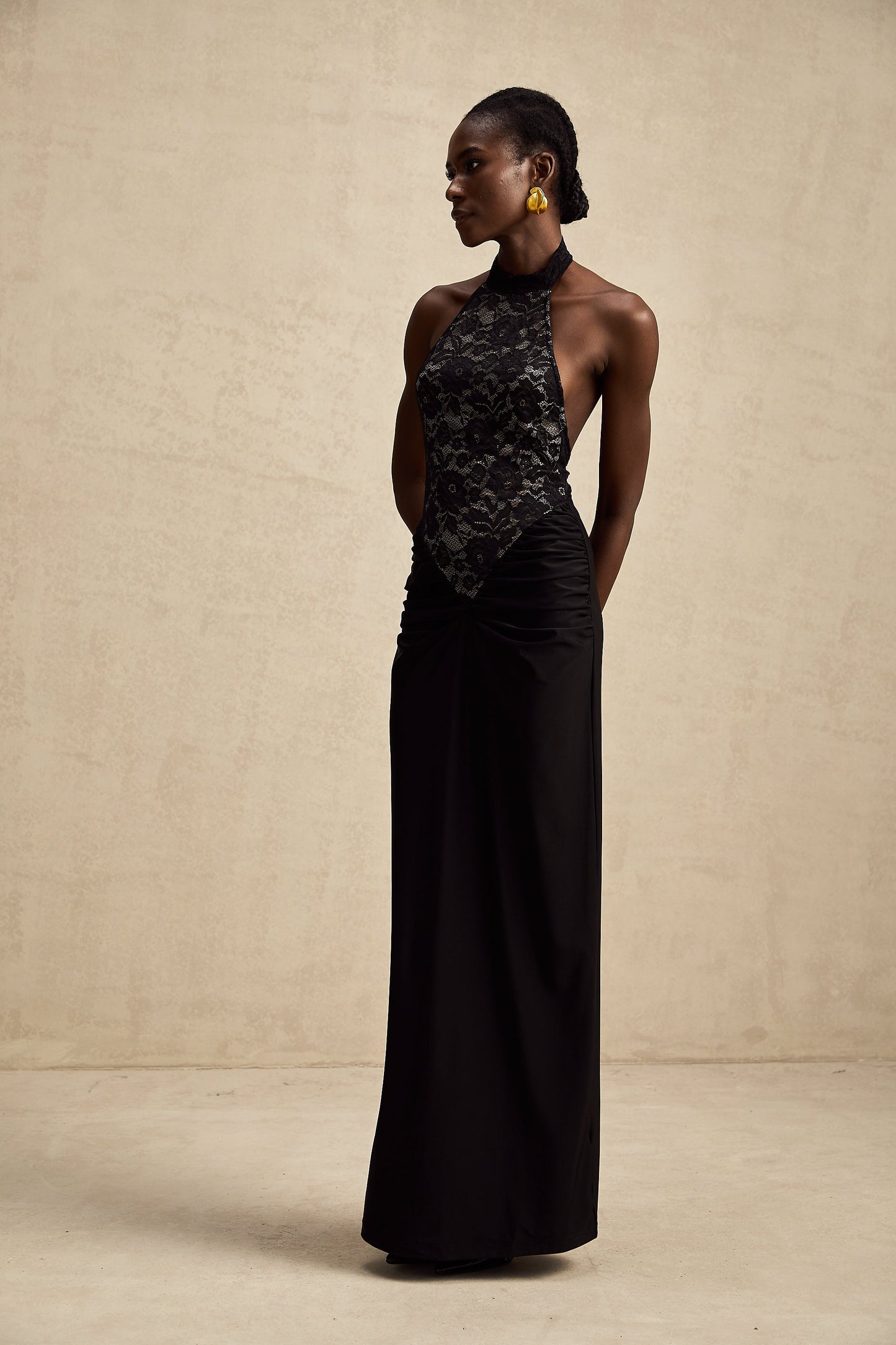 Camille black halterneck floral-lace maxi dress
