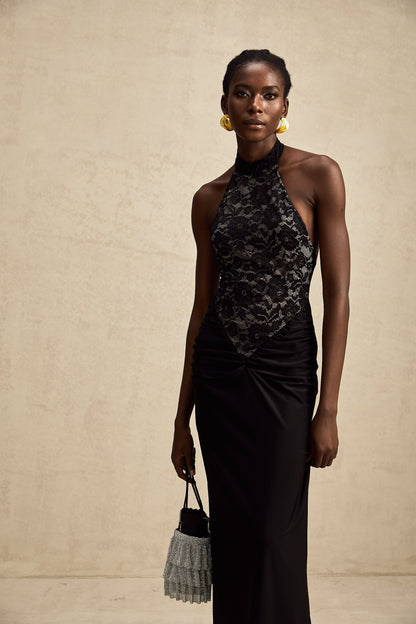 Camille black halterneck floral-lace maxi dress
