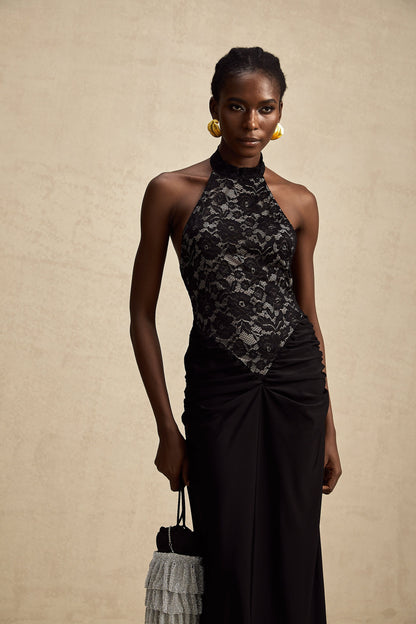 Camille black halterneck floral-lace maxi dress