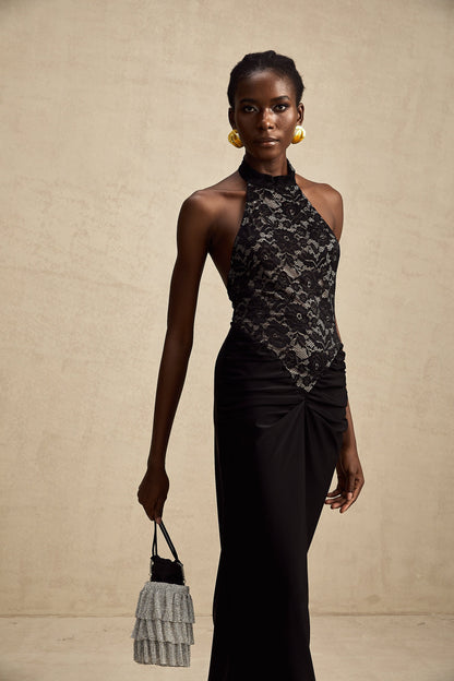 Camille black halterneck floral-lace maxi dress