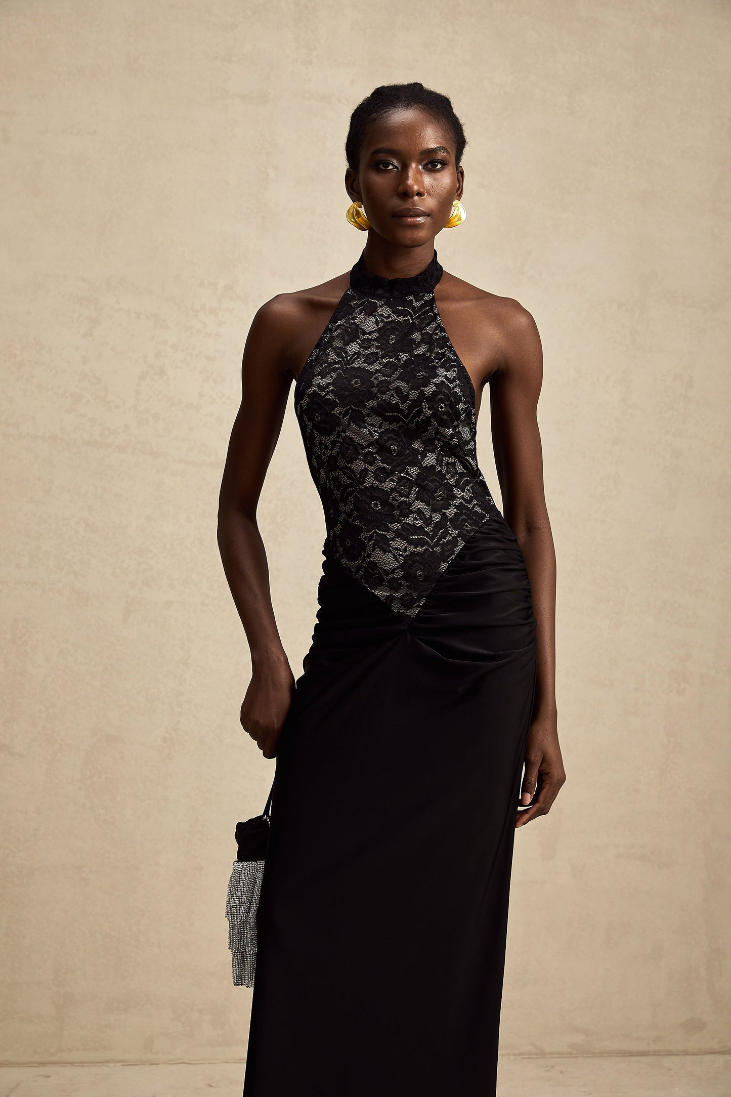 Camille black halterneck floral-lace maxi dress