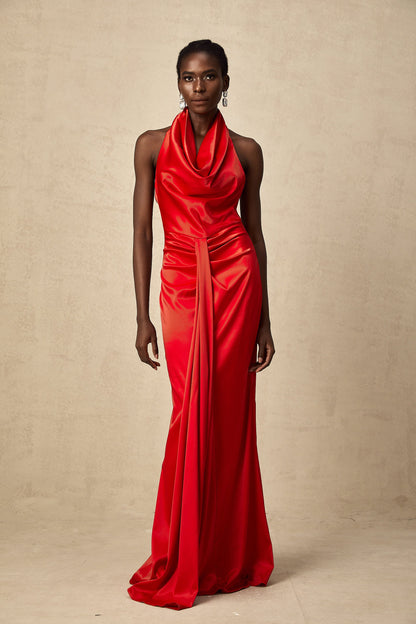 Alix red halterneck draped satin maxi dress
