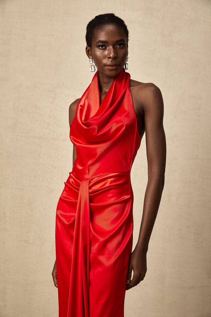 Alix red halterneck draped satin maxi dress