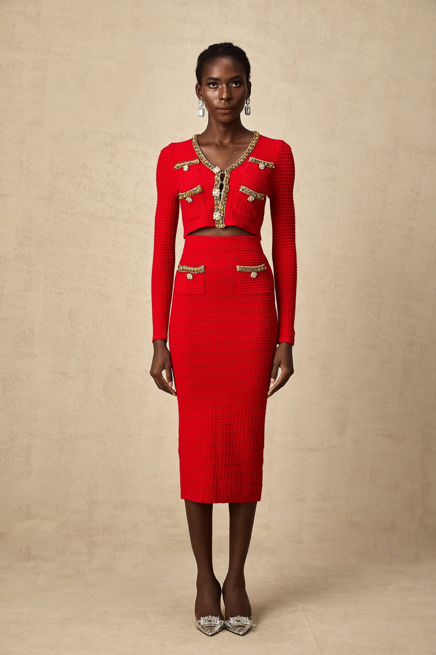 Axelle red embellished knitted cardigan & skirt matching set