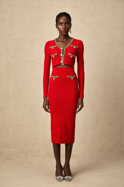 Axelle red embellished knitted cardigan & skirt matching set