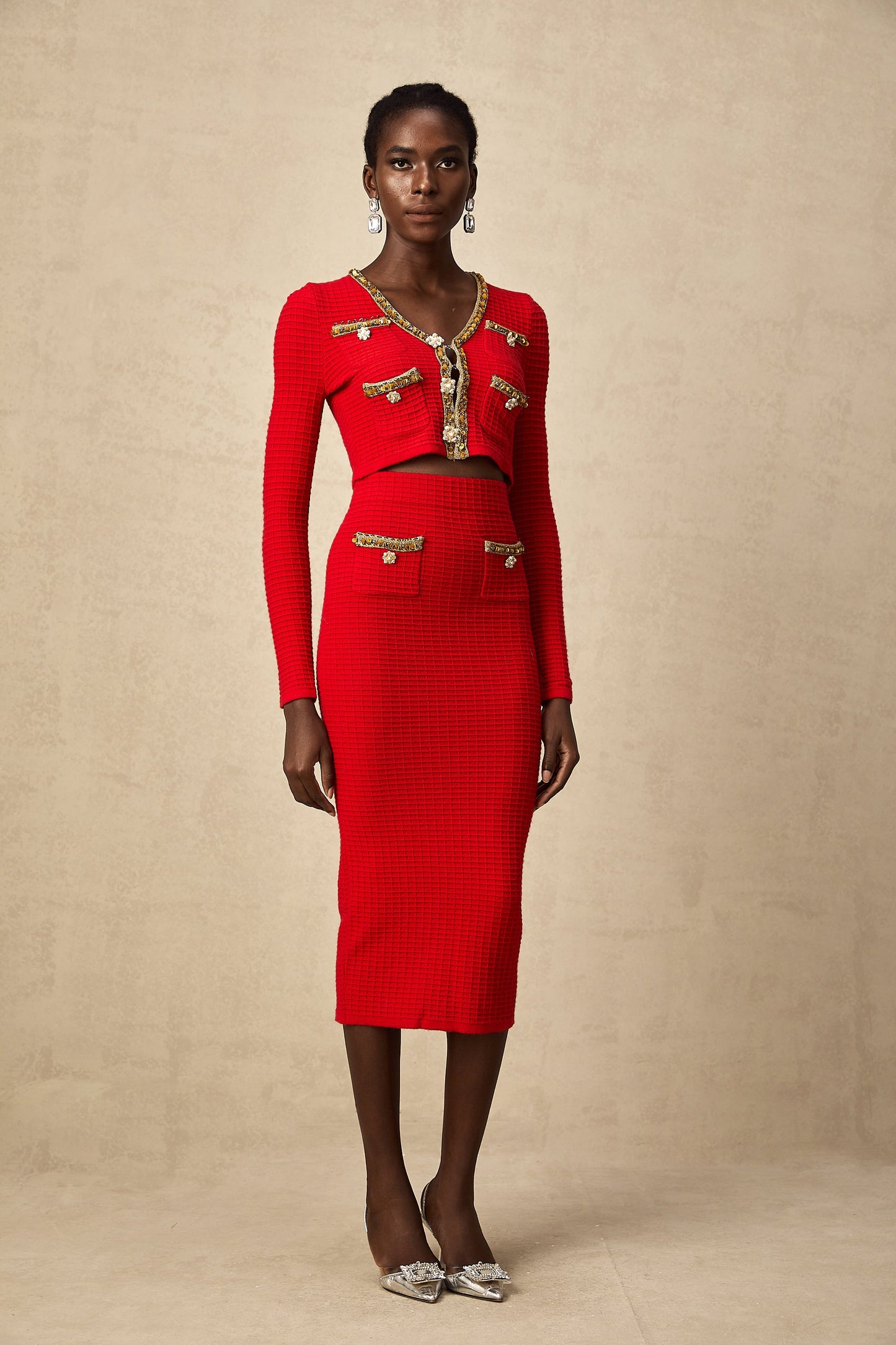 Axelle red embellished knitted cardigan & skirt matching set