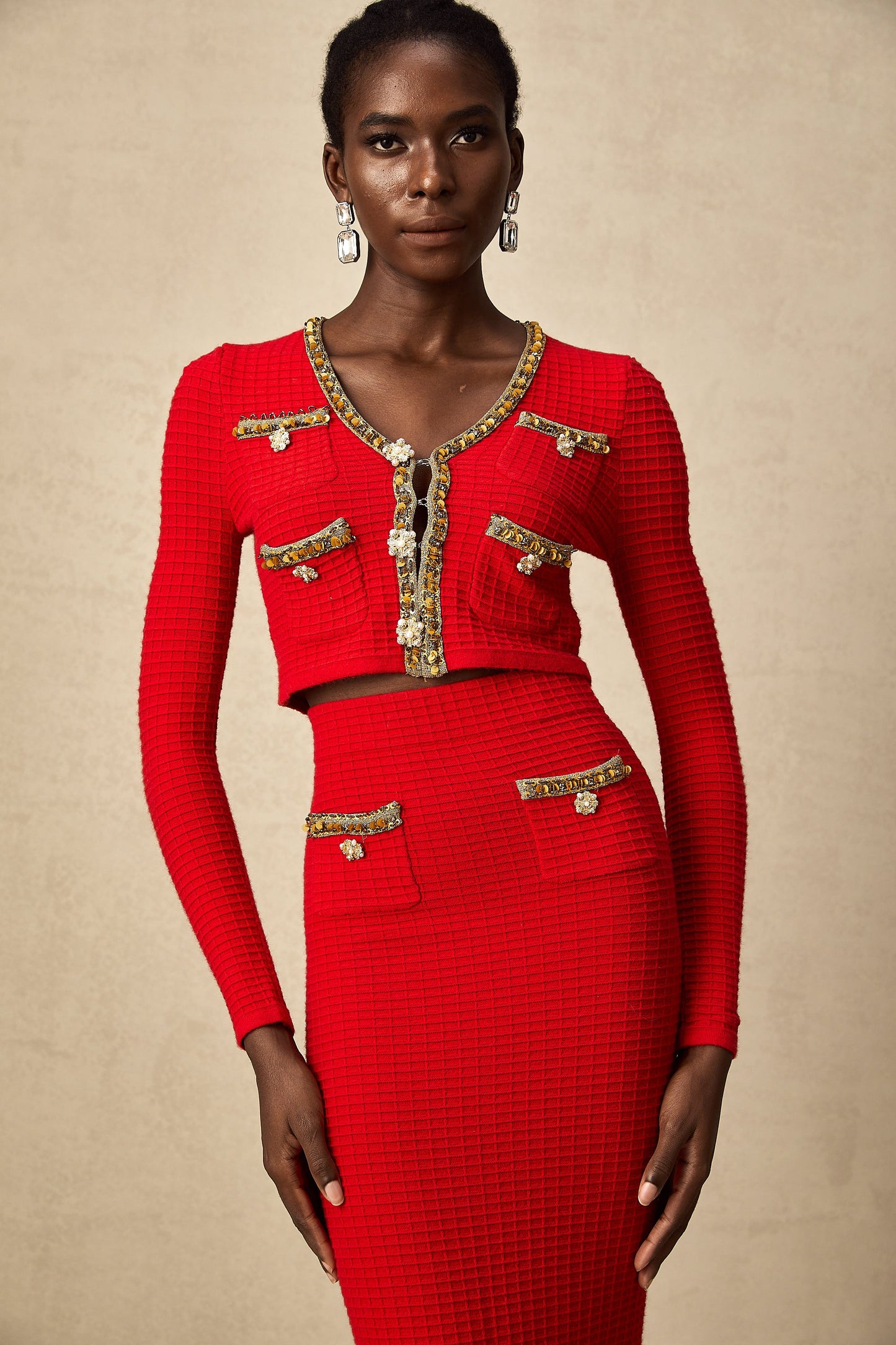 Axelle red embellished knitted cardigan & skirt matching set