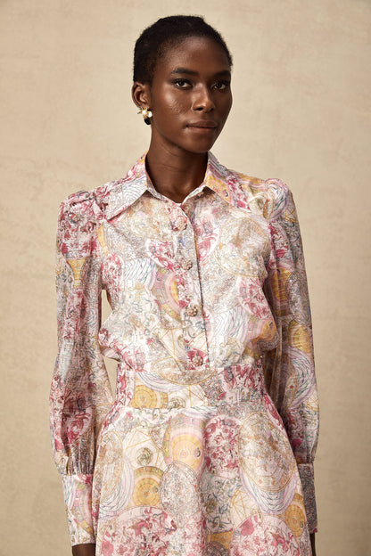 Cherry pink pattern-print shirt & skirt matching set