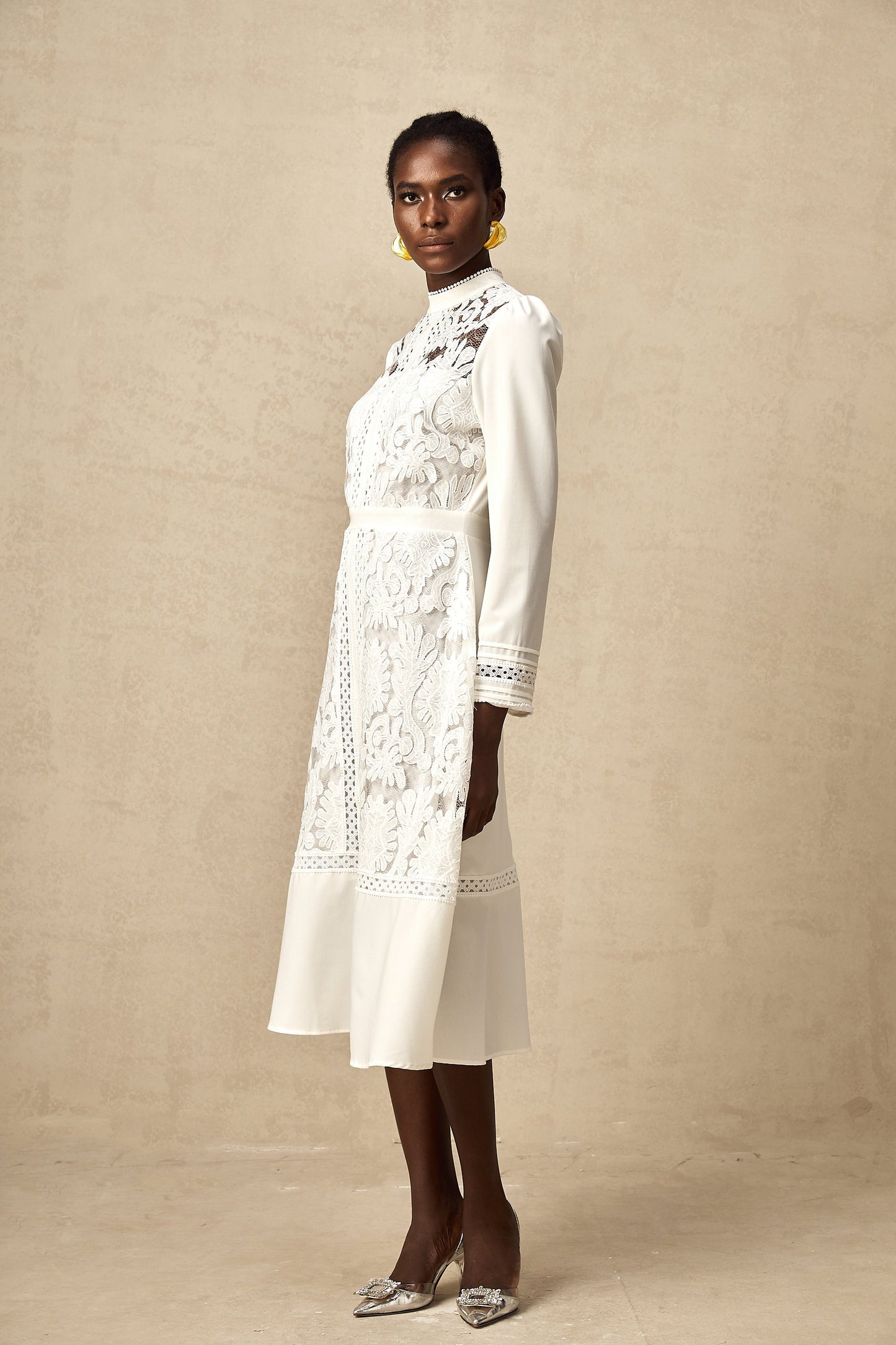 Madeleine white panelled embroidered midi dress