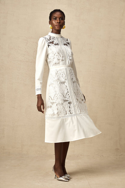 Madeleine white panelled embroidered midi dress