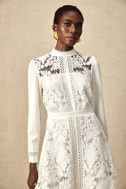 Madeleine white panelled embroidered midi dress