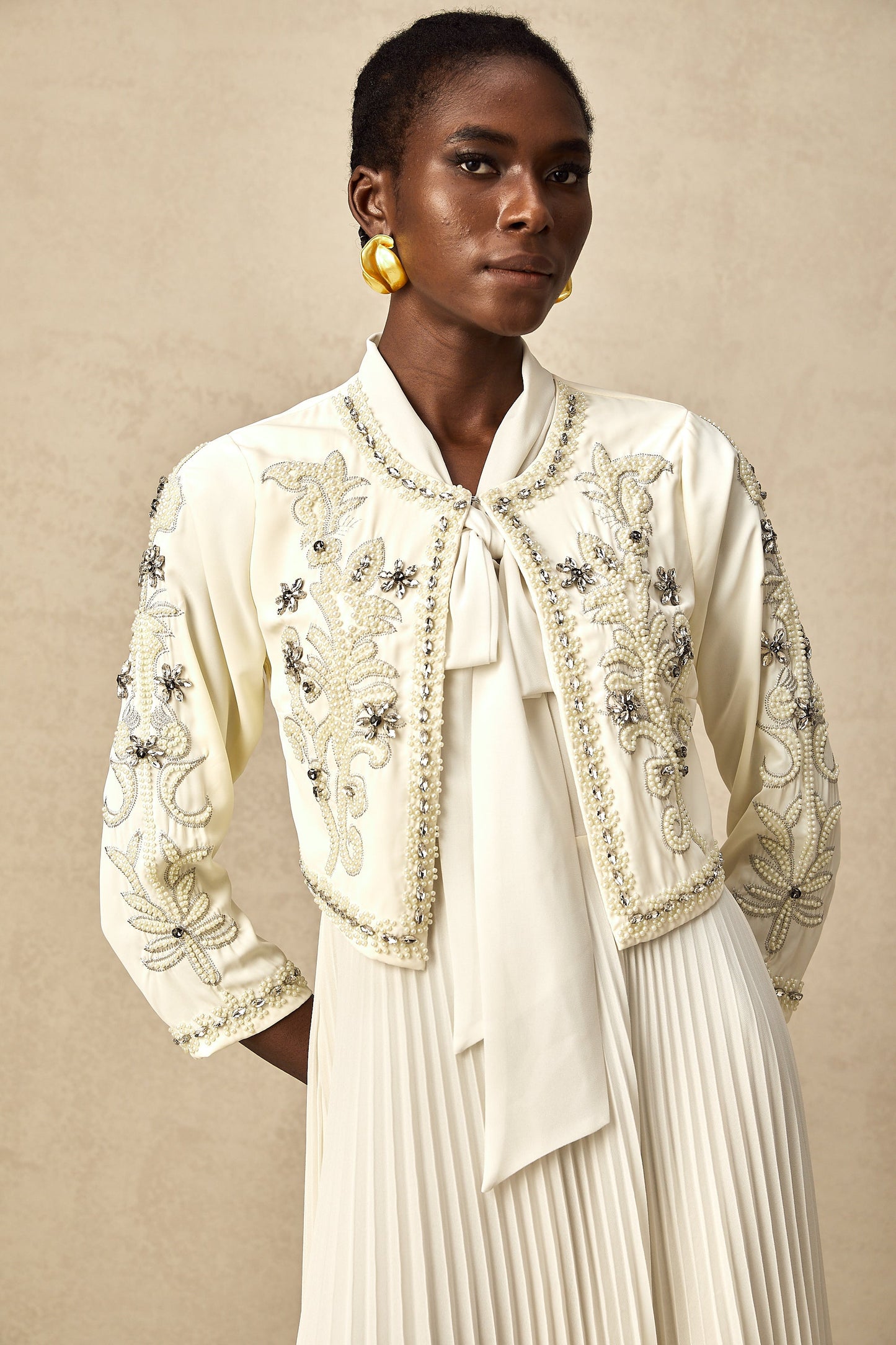 Blanche White Embellished Pleated Two-Piece Jacket and Dress Set