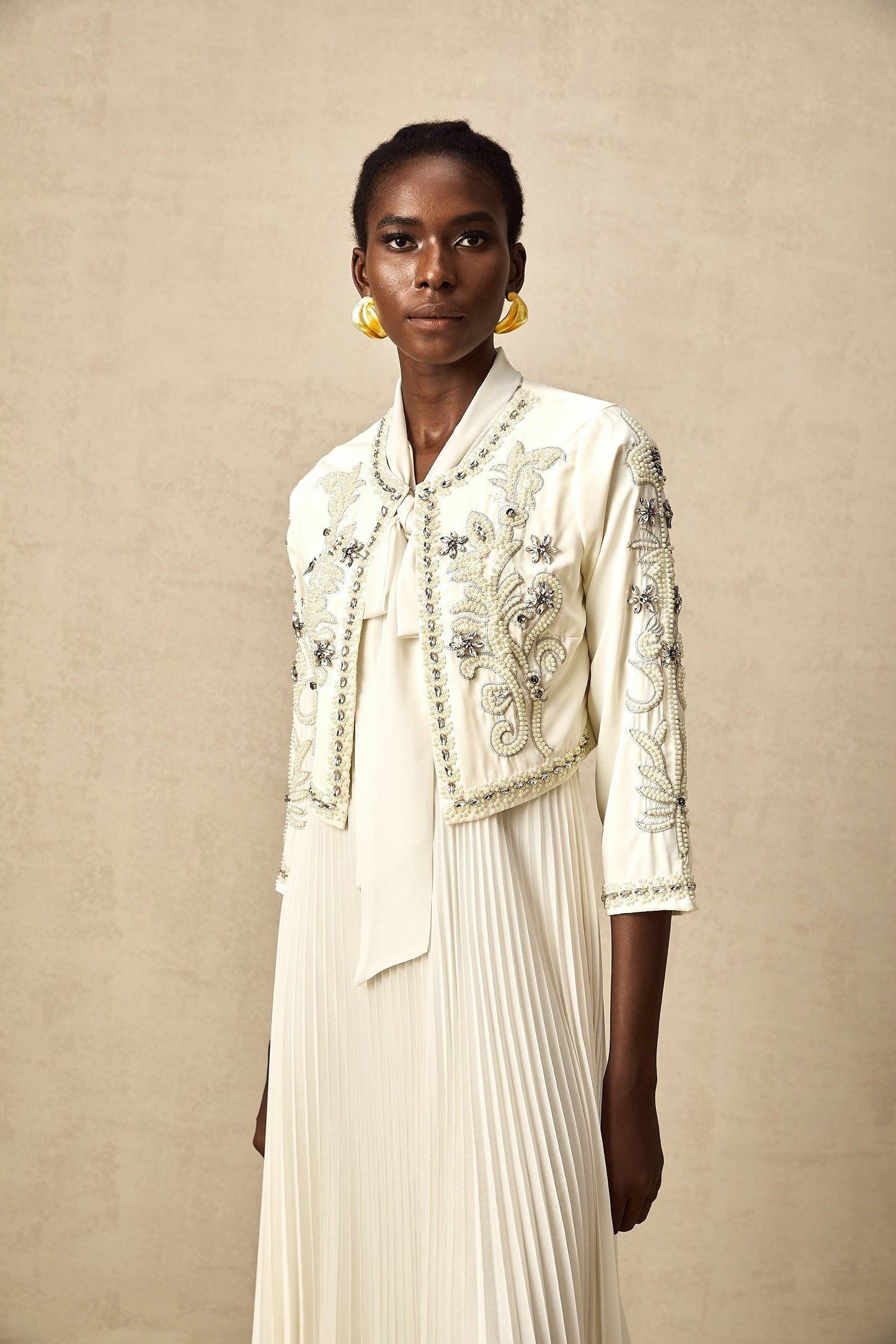 Blanche White Embellished Pleated Two-Piece Jacket and Dress Set