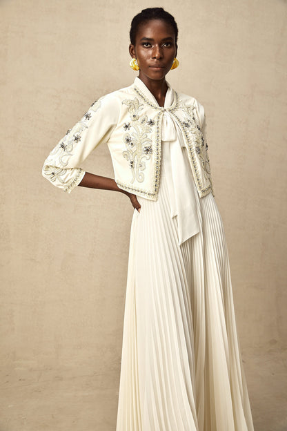 Blanche White Embellished Pleated Two-Piece Jacket and Dress Set
