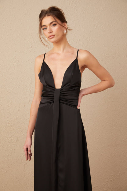 Blanche black satin V-neck front-slit maxi dress