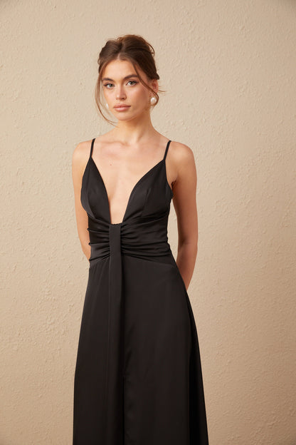 Blanche black satin V-neck front-slit maxi dress