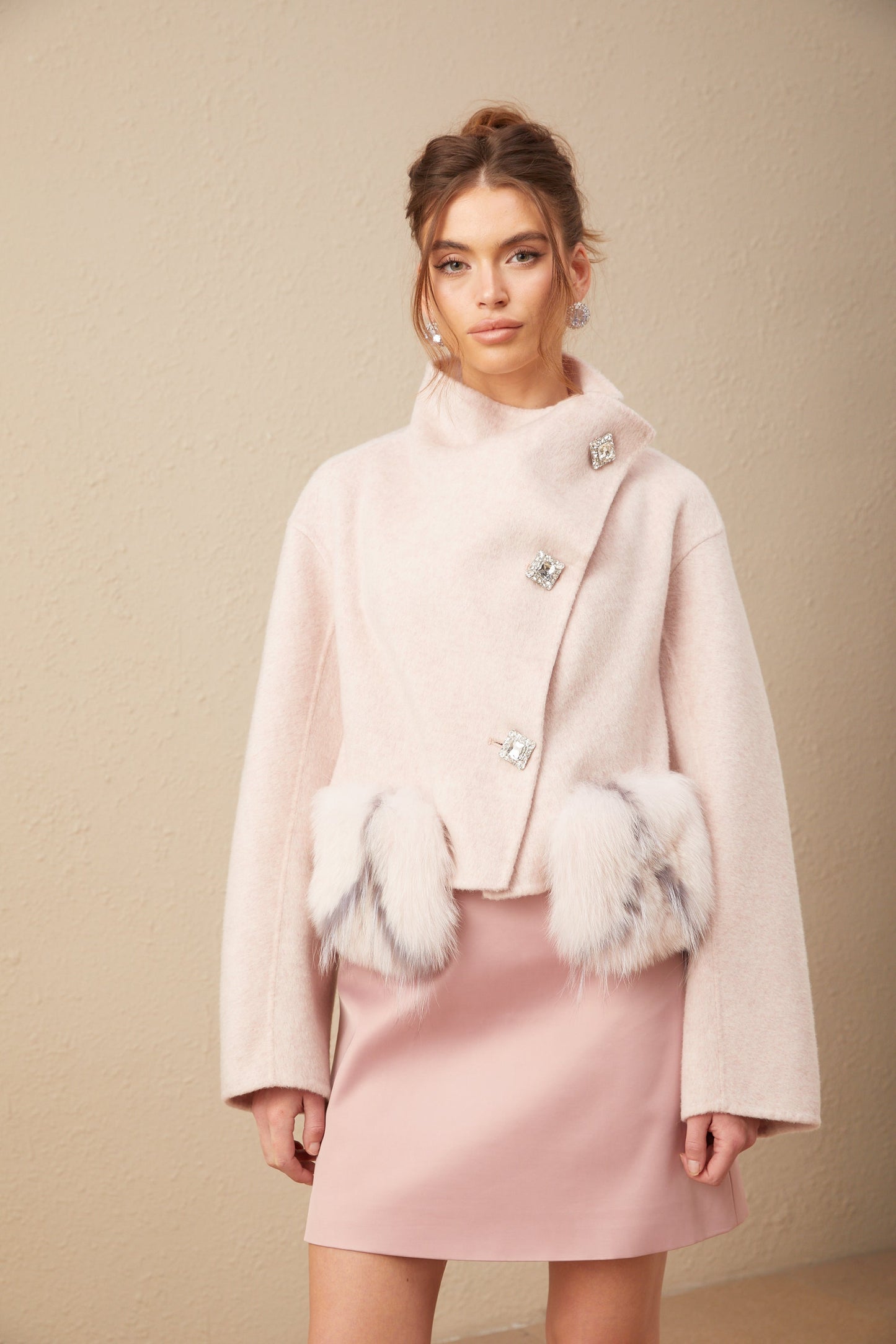 Vienne pink diagonal-placket short coat