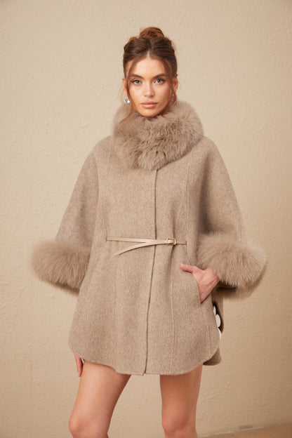 Chloris wool fur belted cape coat