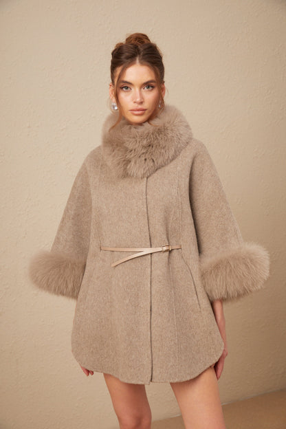Chloris wool fur belted cape coat