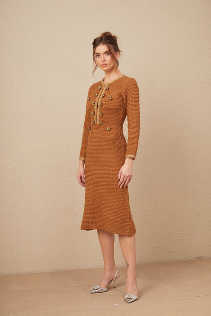 Epona brown braided-edge tweed dress