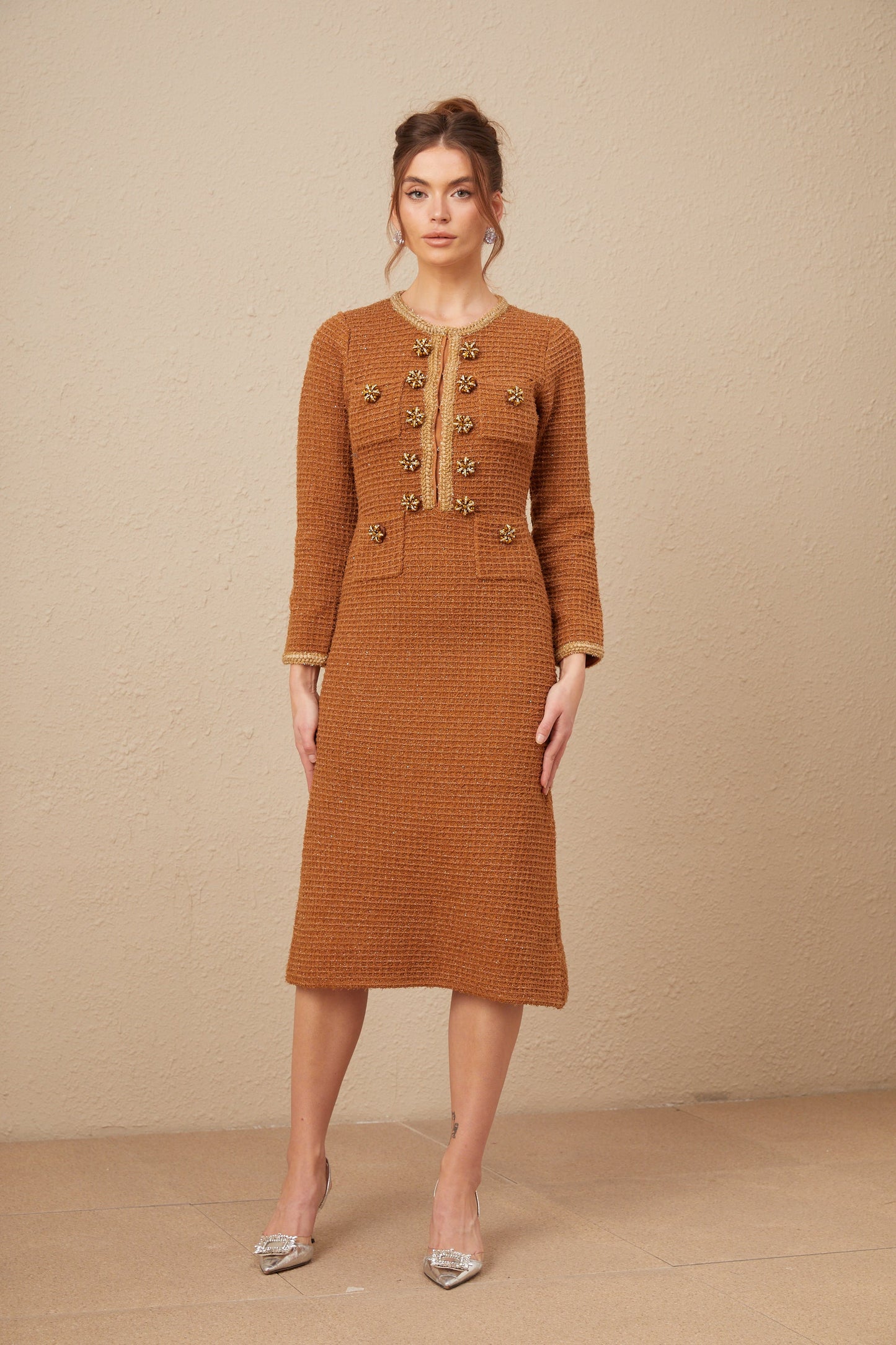Epona brown braided-edge tweed dress