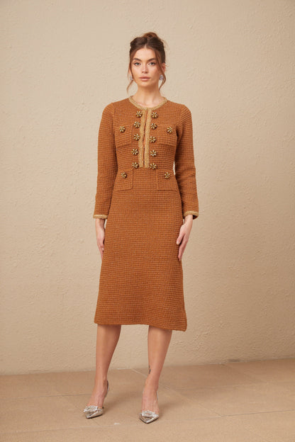 Epona brown braided-edge tweed dress