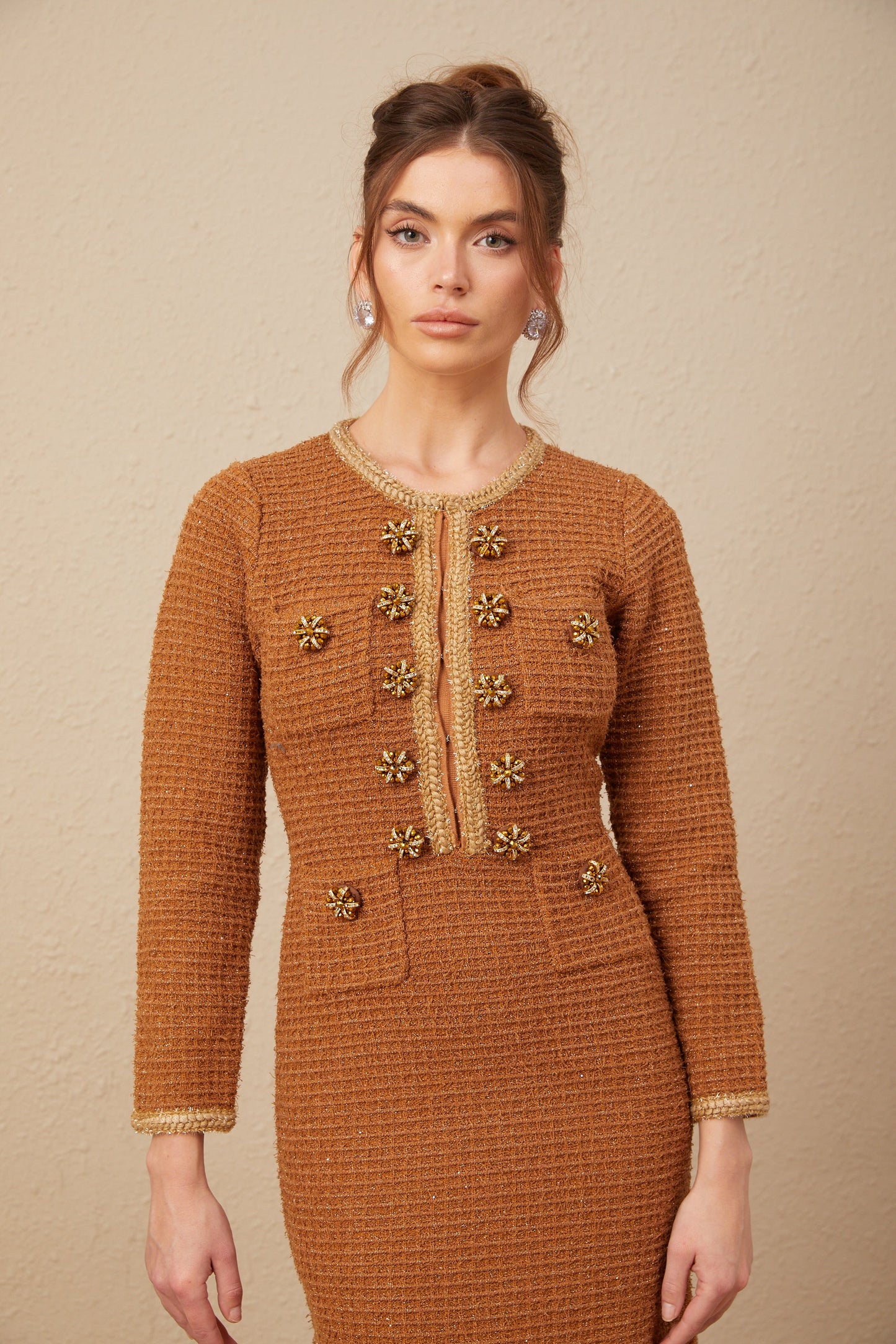 Epona brown braided-edge tweed dress