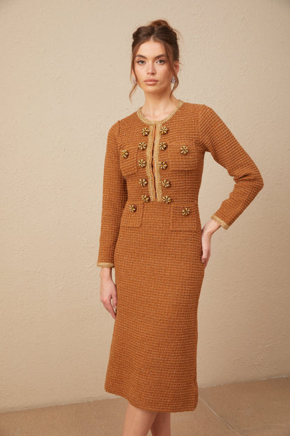 Epona brown braided-edge tweed dress