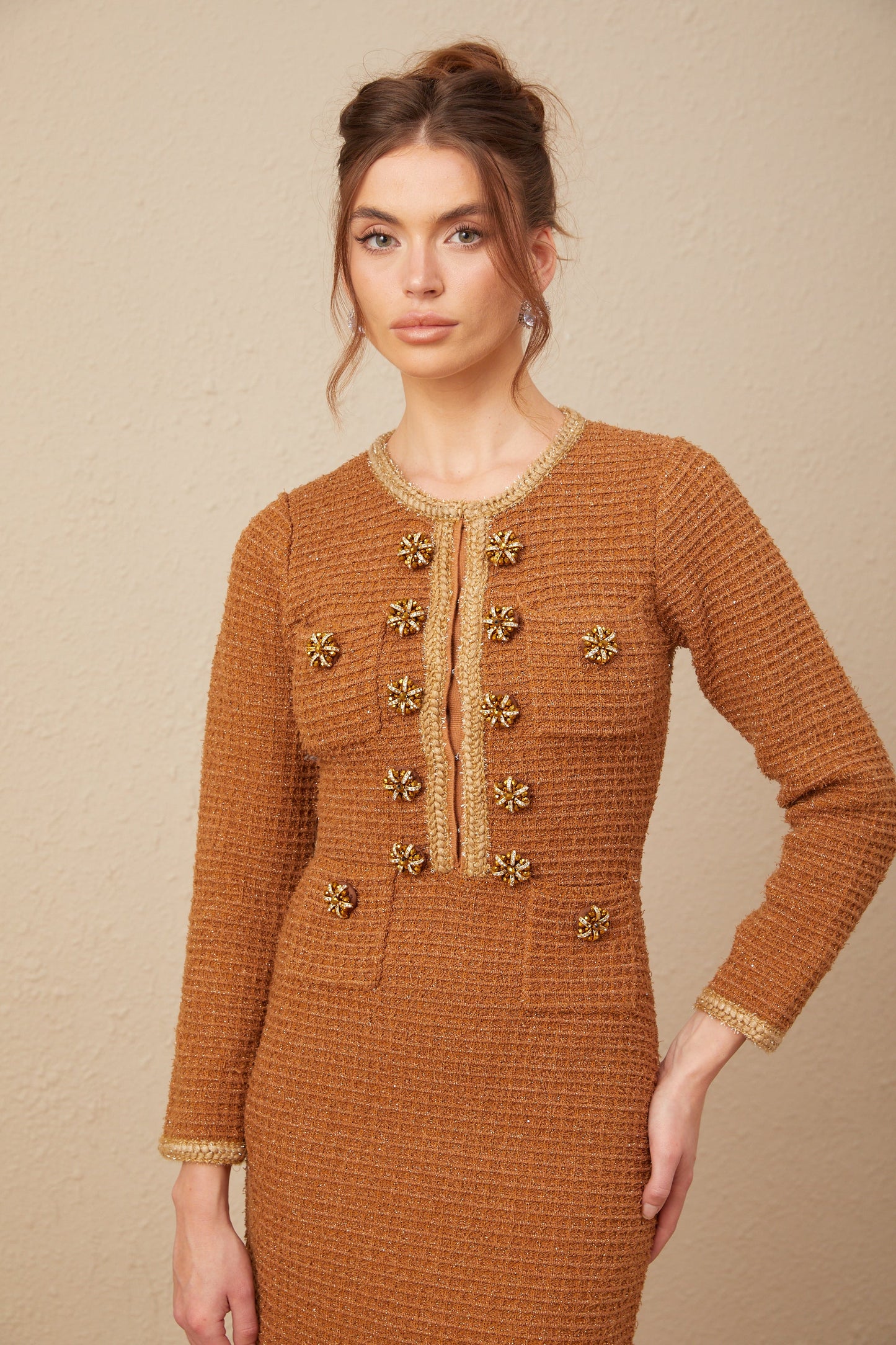 Epona brown braided-edge tweed dress