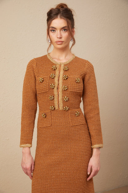 Epona brown braided-edge tweed dress
