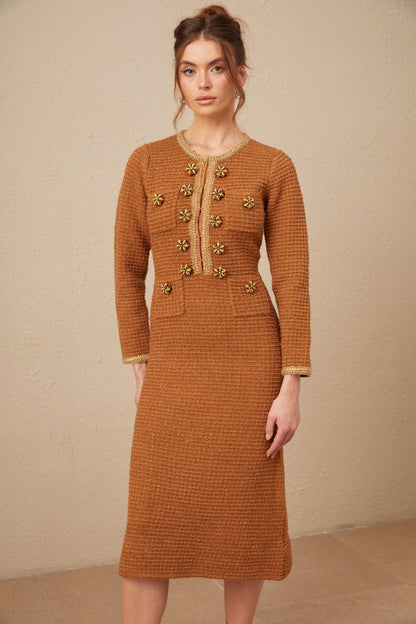 Epona brown braided-edge tweed dress