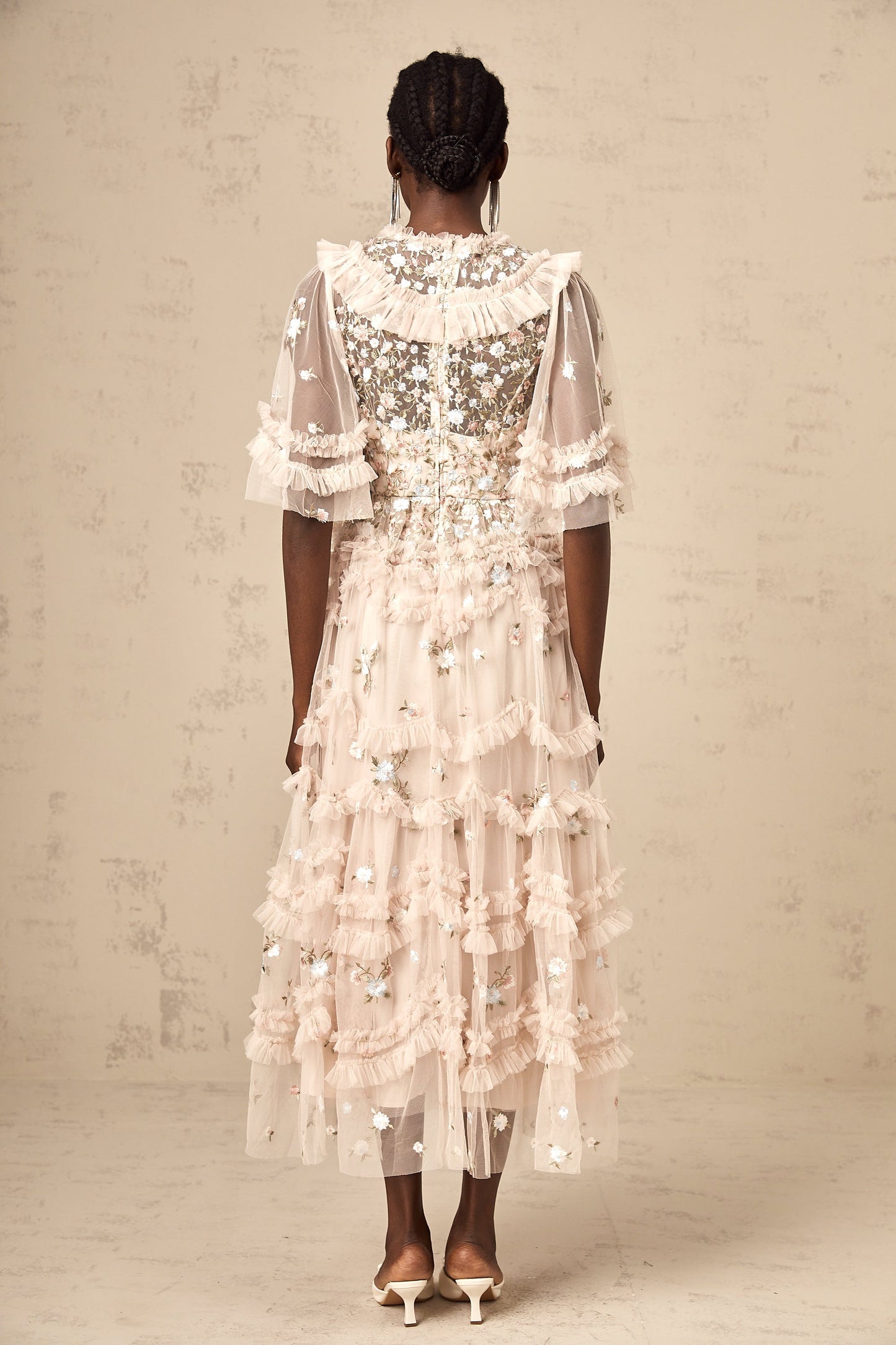 Kévina floral-embroidered tiered ruffled midi dress