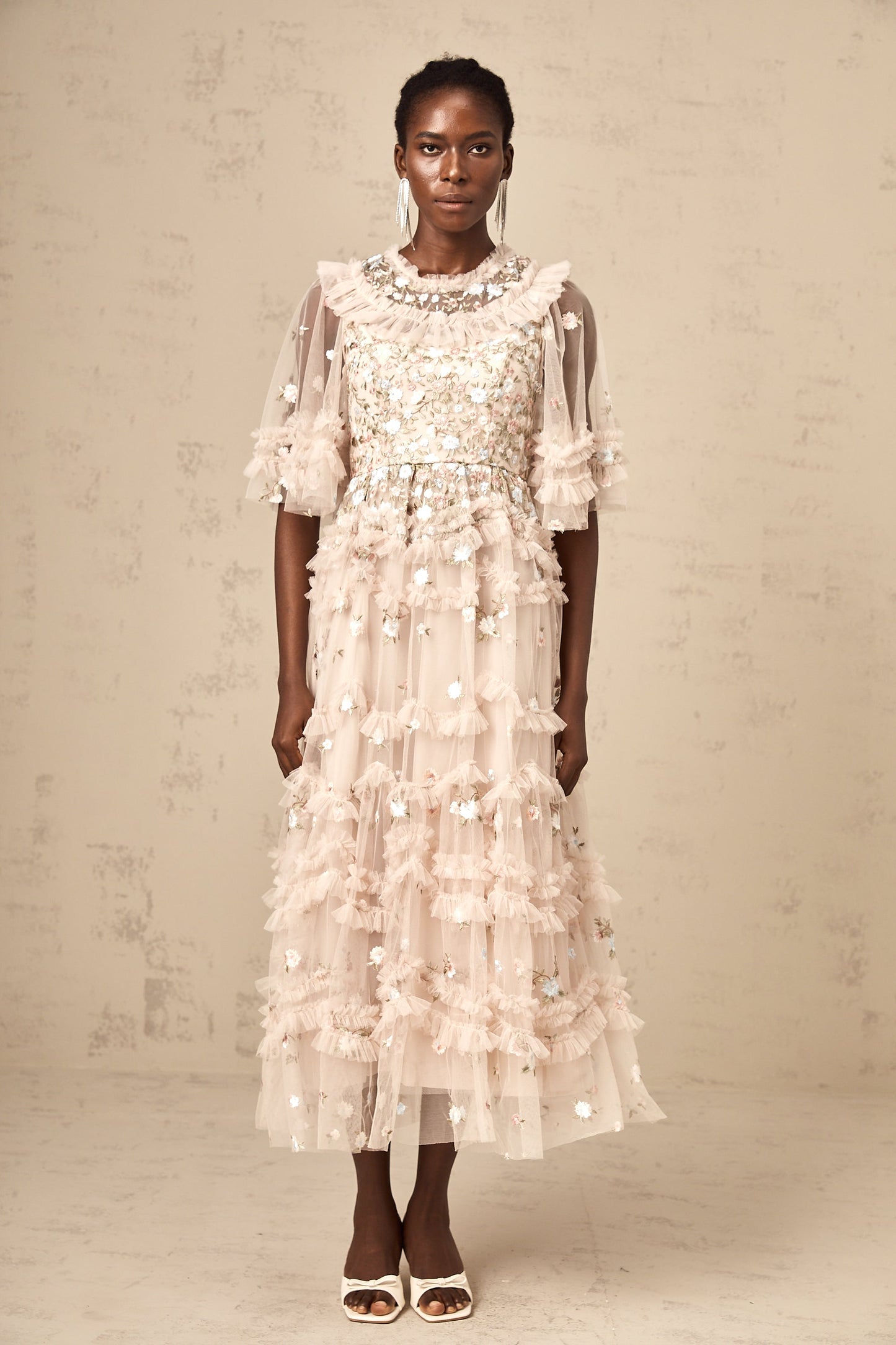Kévina floral-embroidered tiered ruffled midi dress