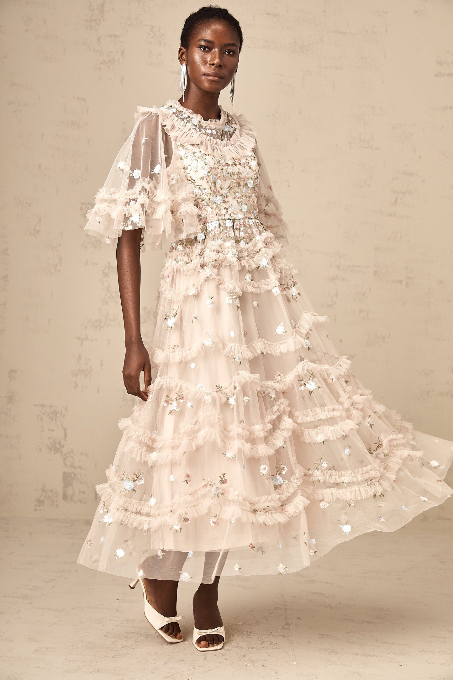 Kévina floral-embroidered tiered ruffled midi dress