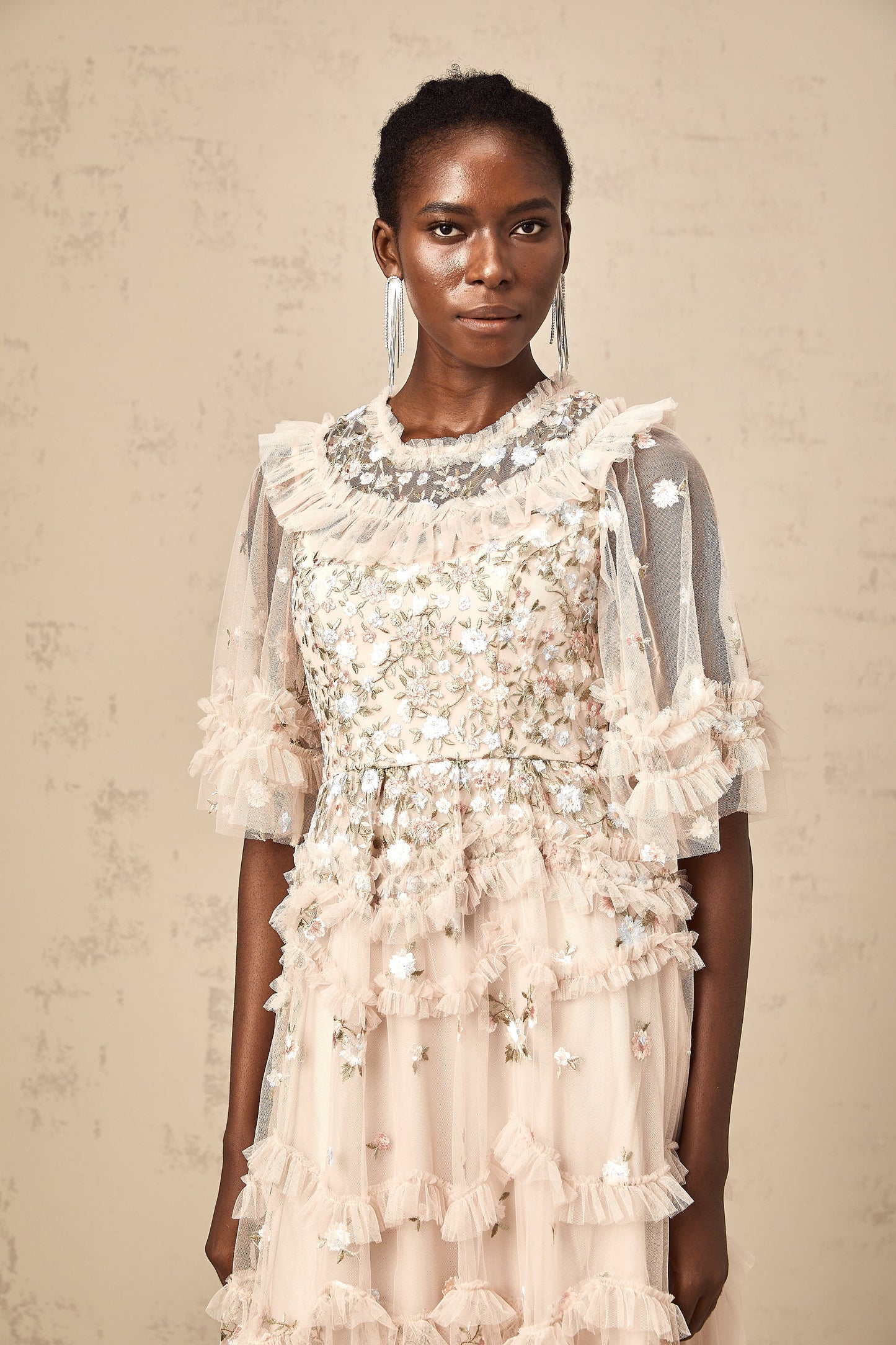 Kévina floral-embroidered tiered ruffled midi dress