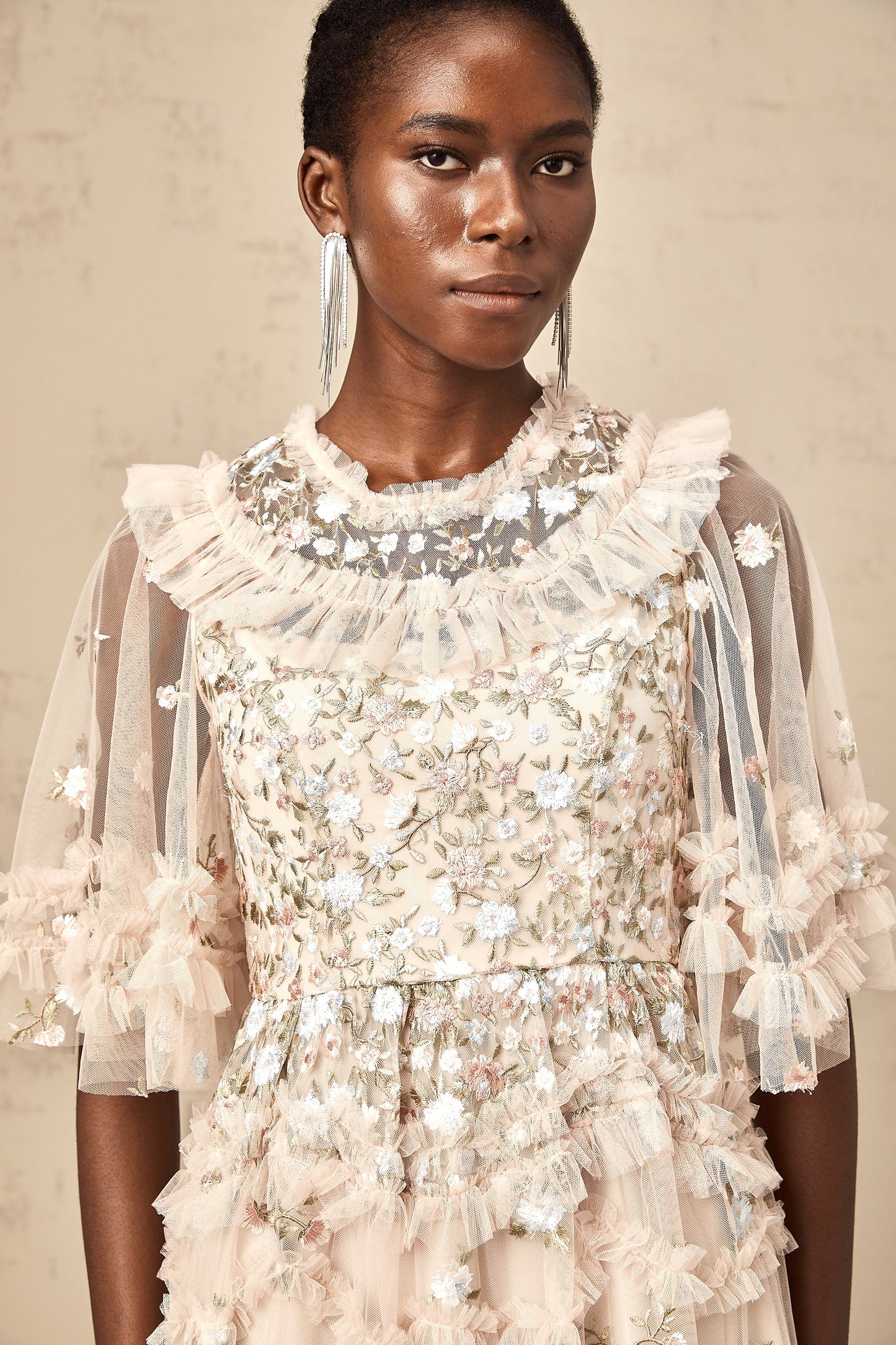 Kévina floral-embroidered tiered ruffled midi dress