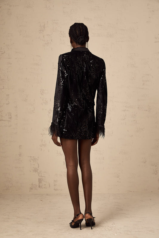 Ariane black feather-trim sequin-embellished blazer