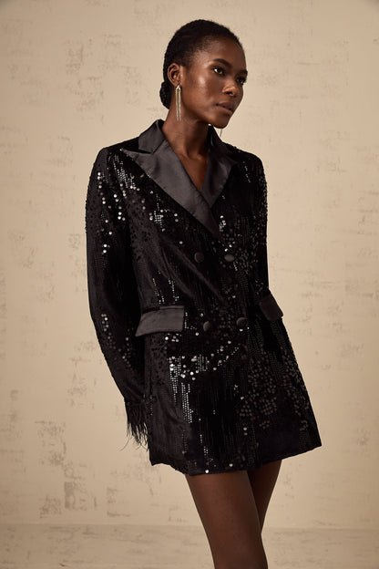 Ariane black feather-trim sequin-embellished blazer