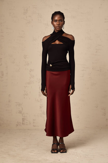 Vanessa red flared satin skirt