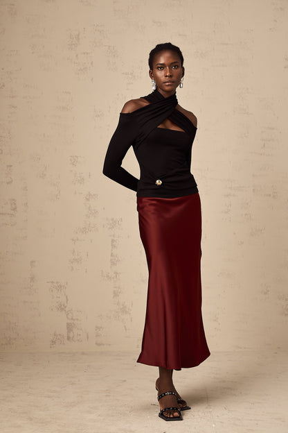 Vanessa red flared satin skirt